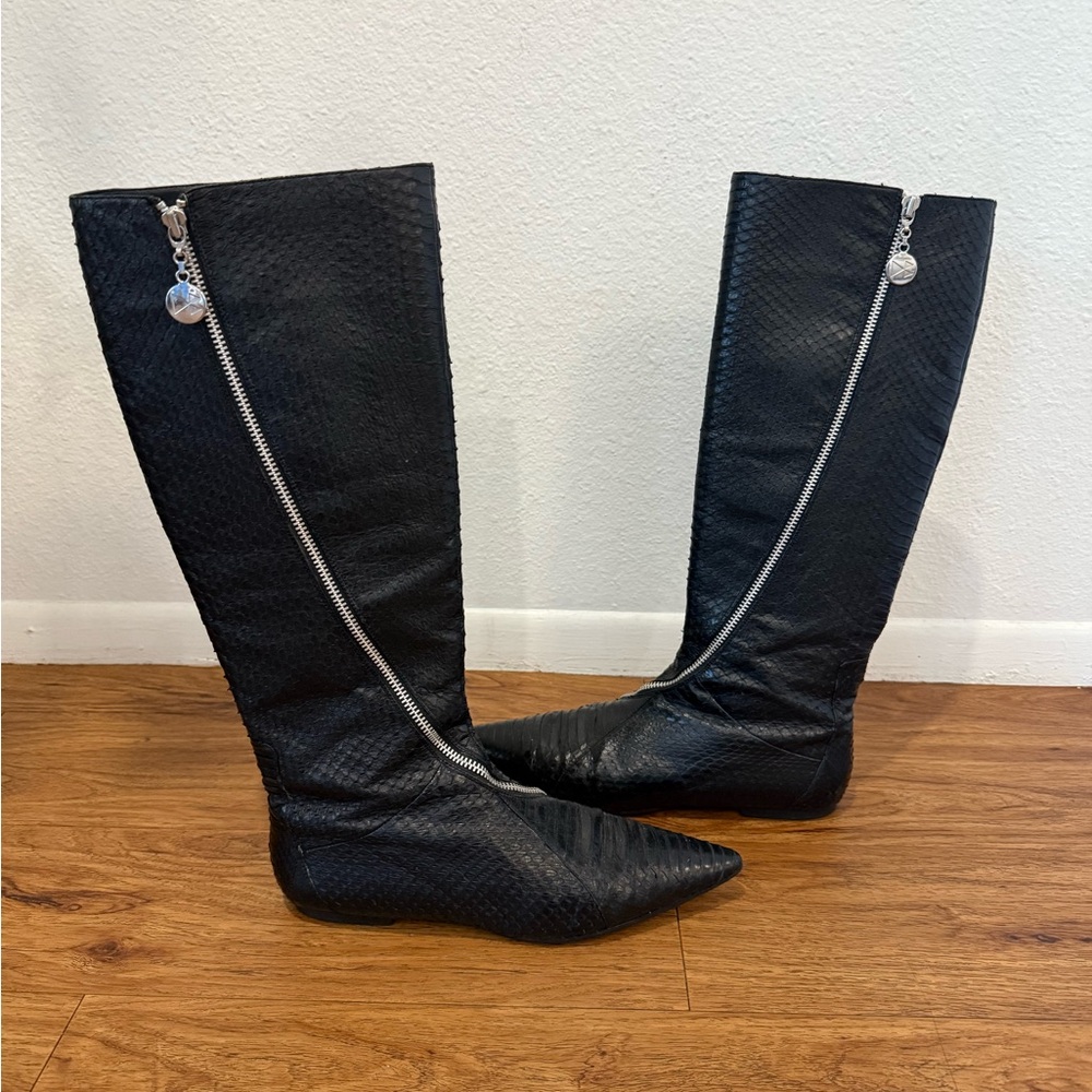 daniblack Black Faux Python Knee High Flat Boots Size 10 Resoled
